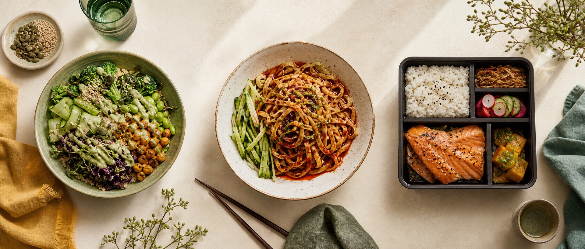 A vegetable bowl, chili noodles and salmon bento arranged on a warm table